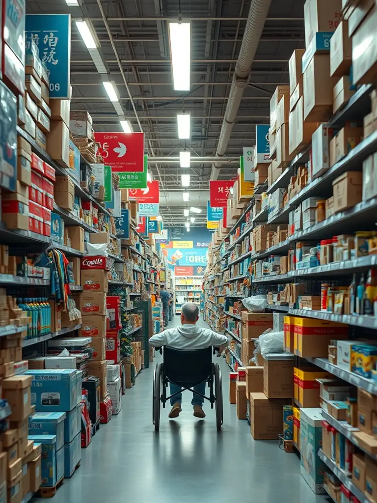 A crowded store aisle with obstacles like displays and merchandise, making it difficult for a person using a wheelchair or other mobility device to navigate.