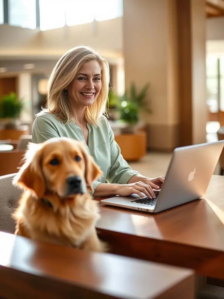 A happy hotel guest with a service dog giving a positive online review, highlighting the hotel's excellent service and understanding of ADA guidelines. The review is displayed on a laptop screen.