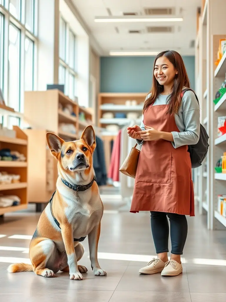 A customer with a service animal being questioned aggressively by a store employee, creating an uncomfortable and potentially discriminatory situation.