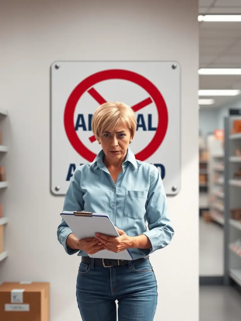 A frustrated retail manager standing in front of a 'No Animals Allowed' sign, looking confused and overwhelmed, symbolizing the challenge of understanding ADA exceptions for service animals.