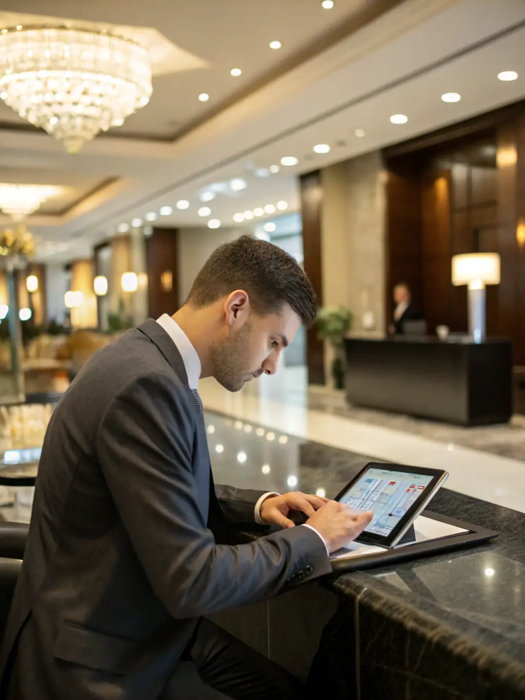 A hotel manager reviewing updated ADA compliance guidelines on a tablet, with a service animal policy document visible in the background. The setting is a professional hotel office.