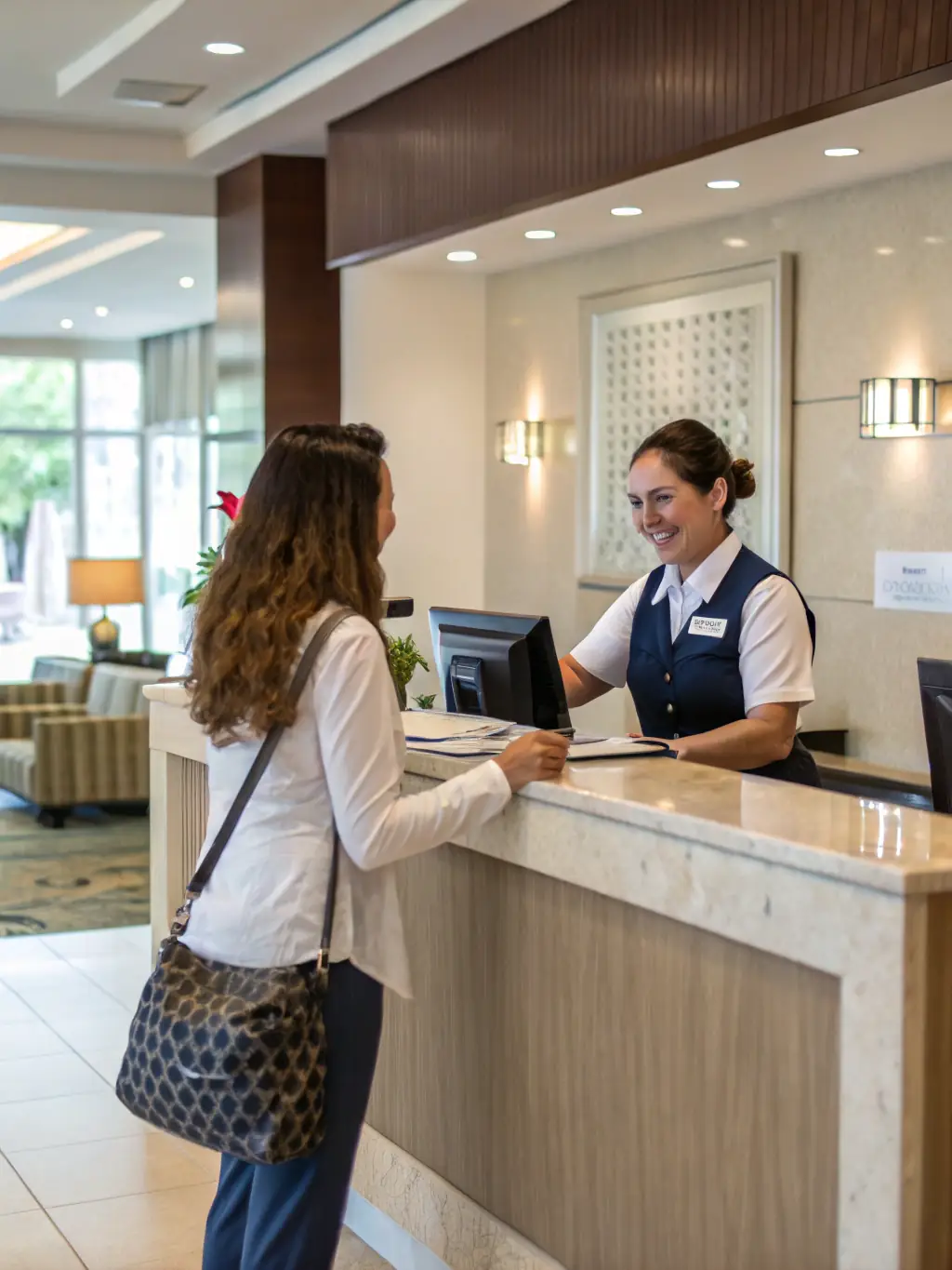 A confident hotel front desk employee smiling warmly while interacting with a guest and their service dog in a well-lit, modern hotel lobby. The scene conveys professionalism and inclusivity.
