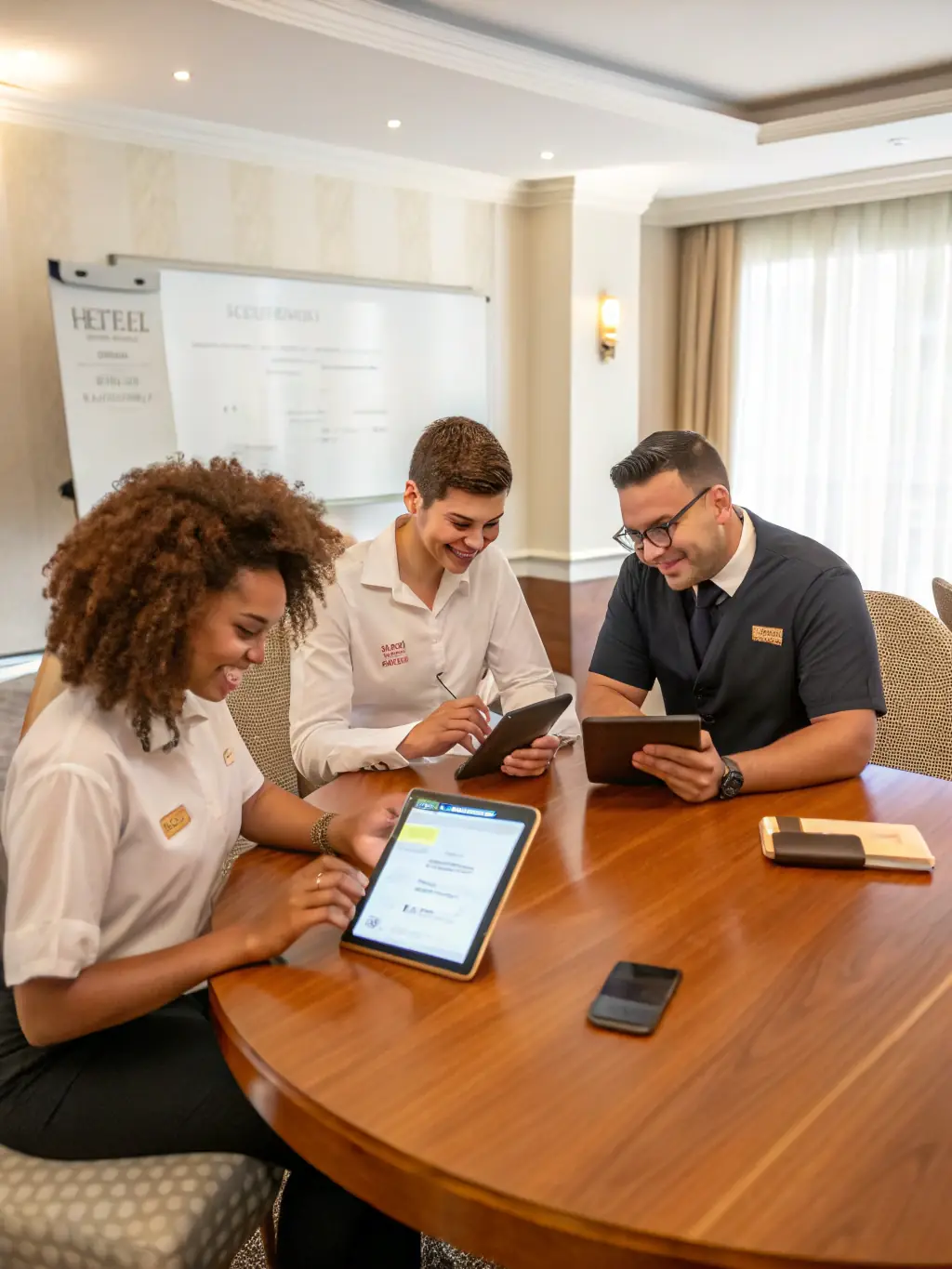 A diverse group of hotel employees participating in an engaging and interactive ADA compliance training session led by a Graceful Access consultant. The atmosphere is positive and collaborative.